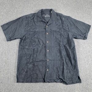 Tommy Bahama 100% Silk Shirt‎ Mens Large Black Tropical Jacquard Pintuck Camp